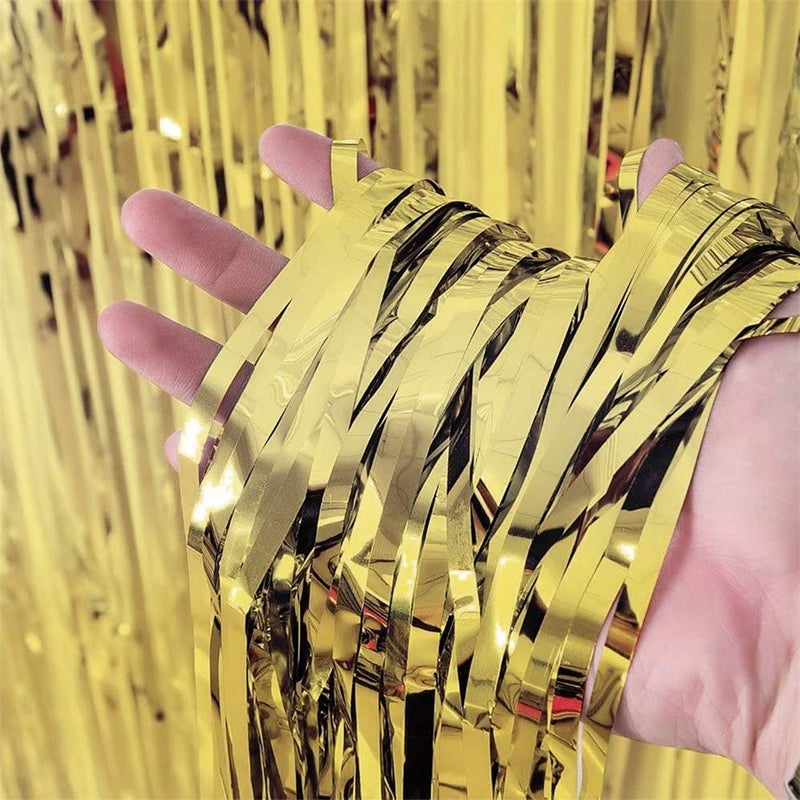 BigBigMe Gold Fringe Backdrop, 3 Pack Gold Foil Curtains, Party Streamers for Birthday, Wedding, Bachelorette Party Decor, Disco Party Decor - Image 2